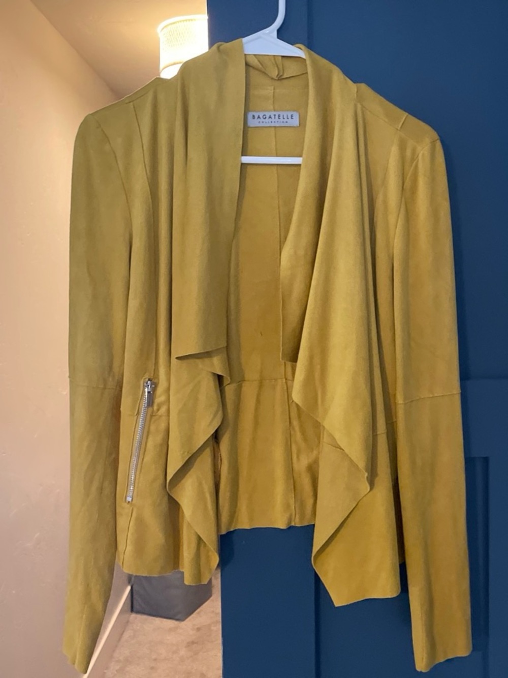 Bagatelle Mustard Yellow Drape-Front Faux Suede Jacket